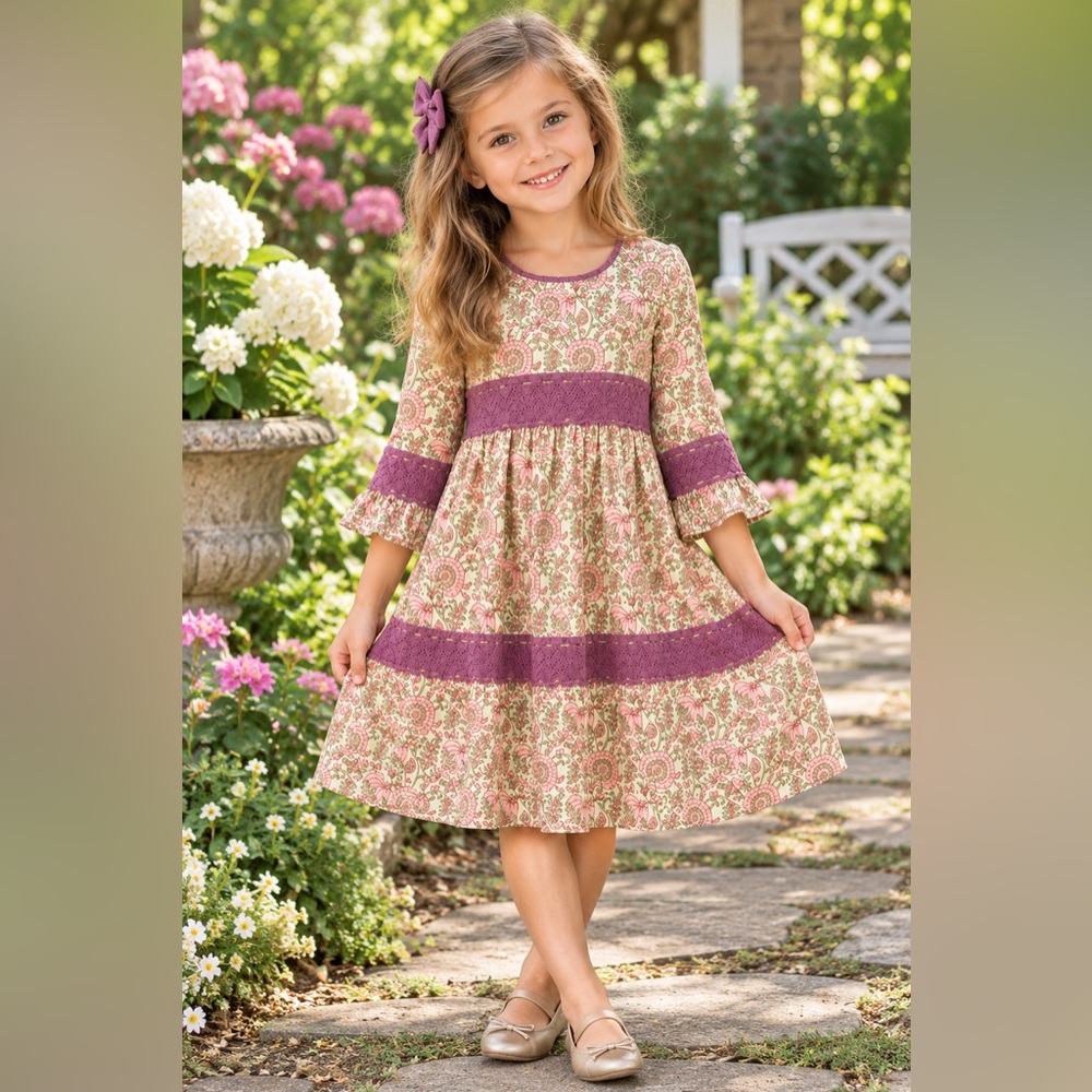 Oh Baby Olive Green Floral Crochet Lace Trim Boho Casual Dress Size 7